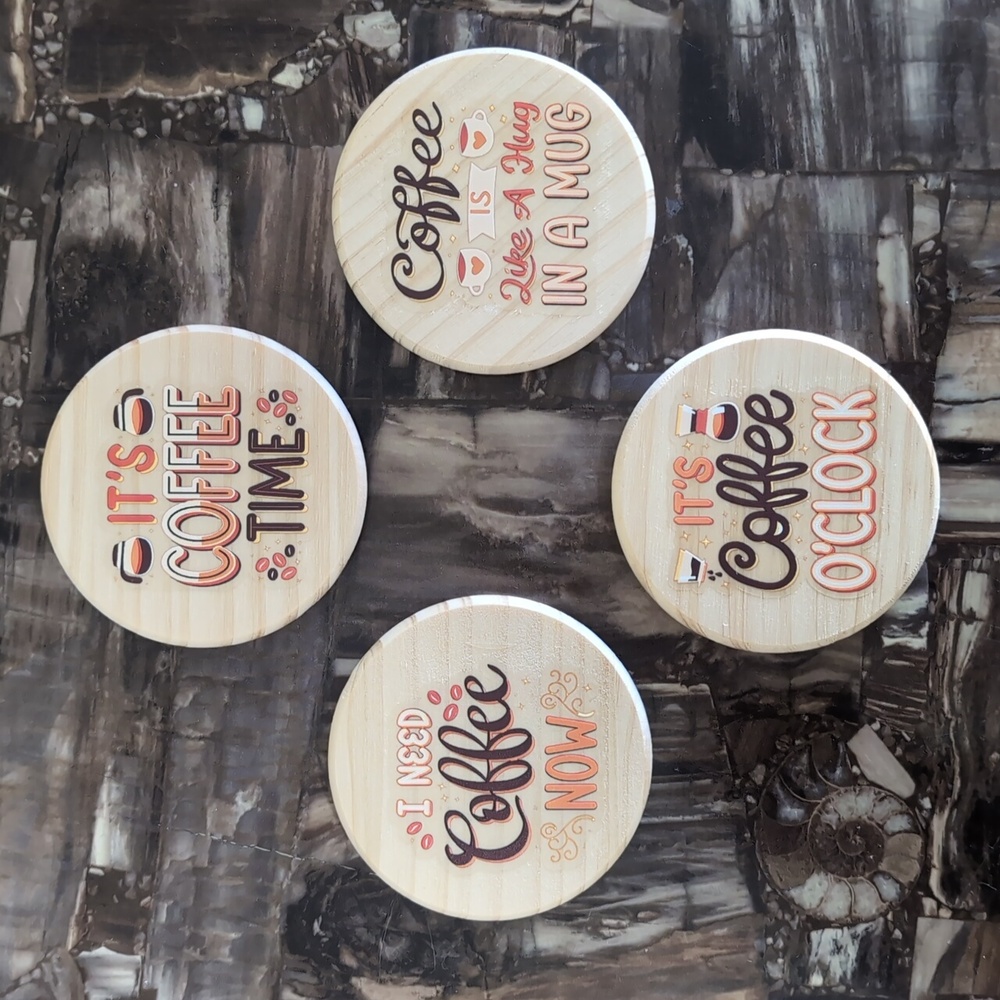 🆓 Add On - 4 Pack Wooden Coffee Themed Coasters Set